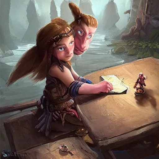 Prompt: an illustration shows a table with a little girl next to a troll holding onto the, concept art by slawomir maniak, trending on artstation, fantasy art, fantasy art