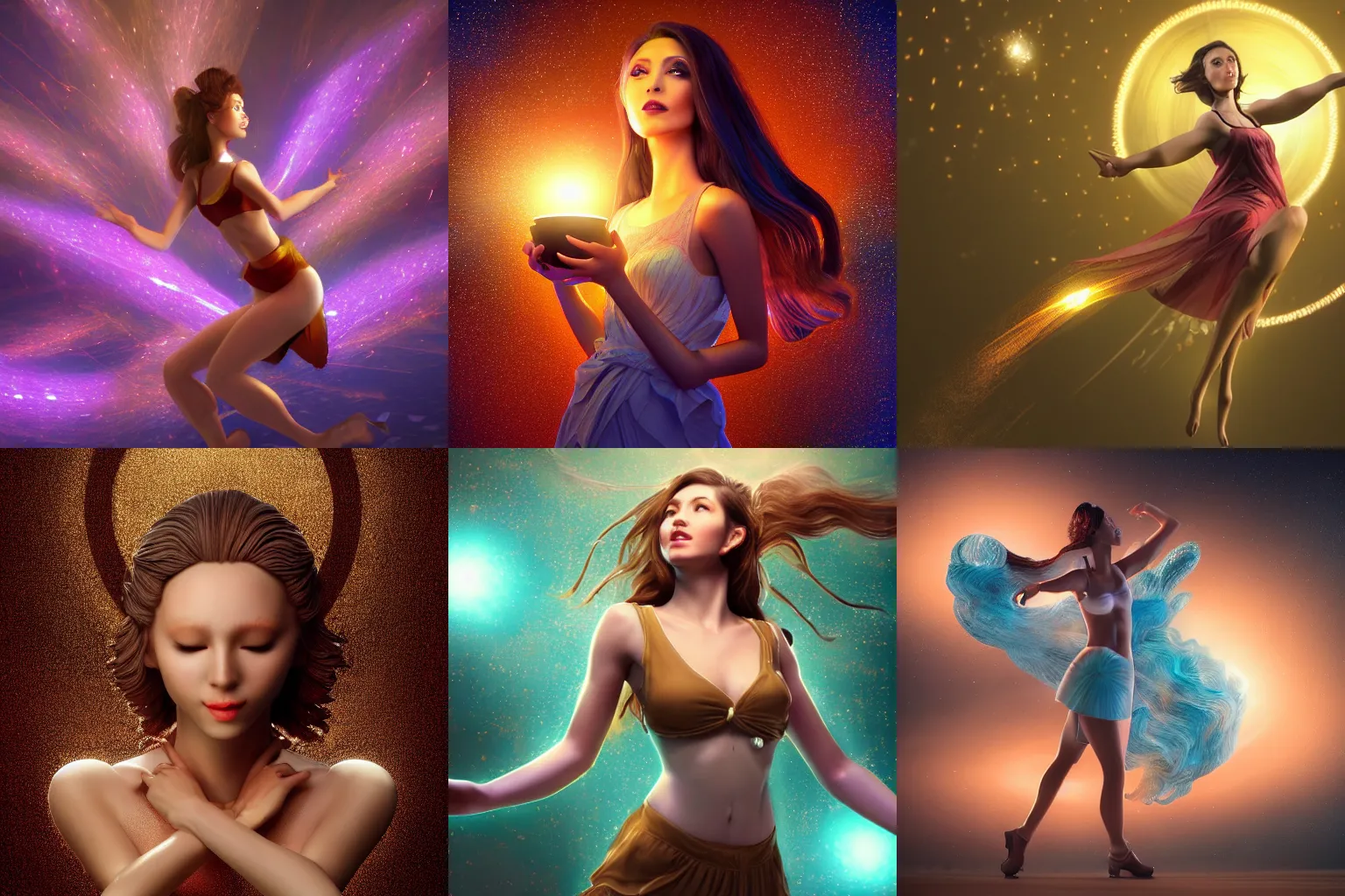 Prompt: a beautiful female human god of coffee character, character is in all its glory, character is centered on the image, character is flying in natural pose, rim lights, highly detailed professional photo, dynamic lights, particles and crystals are flying, very deep depth of field, trending on artstation, illustration, hyper realistic, vray caustics, super detailed, colorful accents, cinematic shot