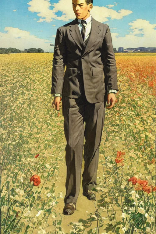 Prompt: attractive man in flower field, muscular, painting by j. c. leyendecker, yoji shinkawa, katayama bokuyo