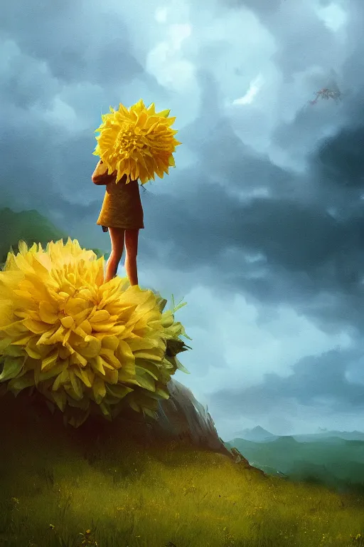 Image similar to closeup girl with giant yellow dahlia flower face, standing on mountain, surreal photography, blue storm clouds, dramatic light, impressionist painting, digital painting, artstation, simon stalenhag