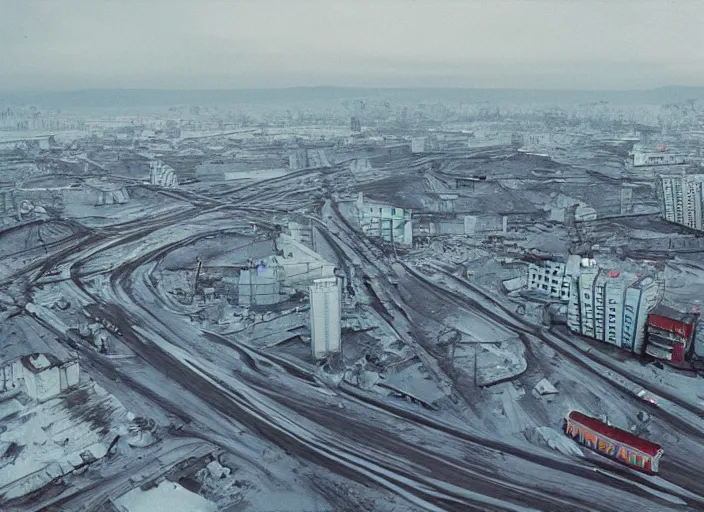 Prompt: cinematic shot of norilsk orbit city cityscape, telephoto, iconic scene from the paranoid thriller sci fi film directed by stanley kubrick, anamorphic cinematography, beautiful composition, color theory, leading lines, photorealistic, moody volumetric lighting