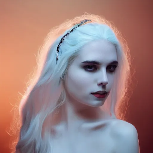 Image similar to a pale girl with white hair wears a crown of an animal skull, cinematic lighting, ultra detailed, masterpiece