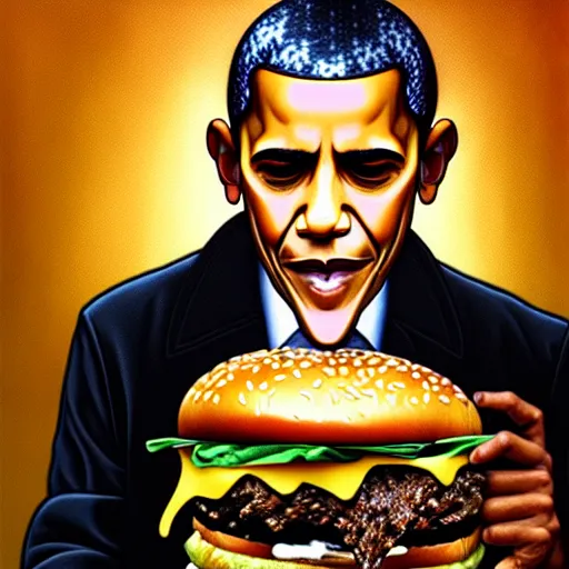 Image similar to intricate oil painting of barrack obama eating a cheese burger sitting on the iron throne, concept art, intricate, highly detailed, 8 k, takeshi obata, alphonse mucha, trending on artstation