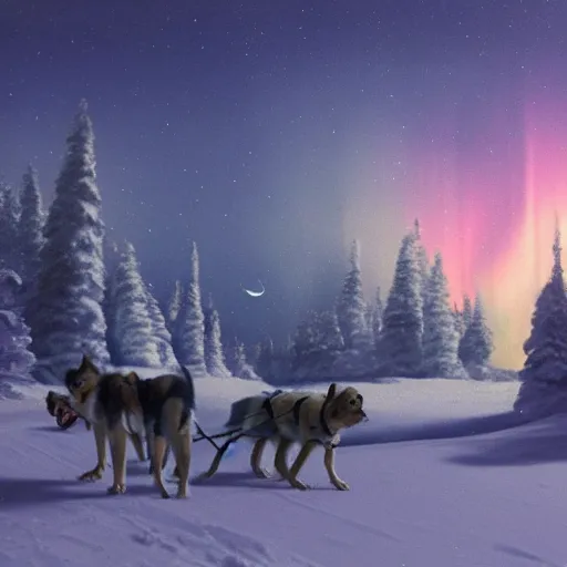 Image similar to a winter scene at night, northern lights, dog sled team, matte painting, high quality, trending on artstation