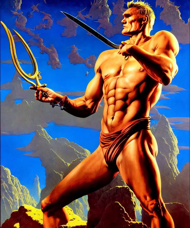 Image similar to a ( fantasy comic ) ( cover art ) portrait of ( dolph lundgren ) as a ( sellsword ), oil painting by maxfield parrish and michael whelan and frank kelly freas and frank frazetta and artgerm, inspired by caravaggio, d & d, highly detailed!, hd, 4 k, trending on artstation