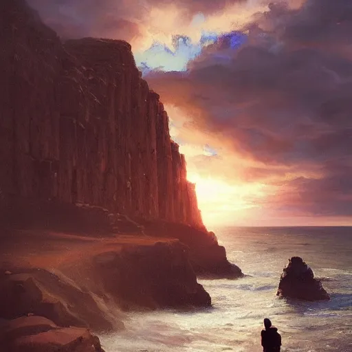 Image similar to a giant human at the giants causeway, by jessica rossier, by greg rutkowski, by anders zorn, by greg manchess, beautiful cinematic light