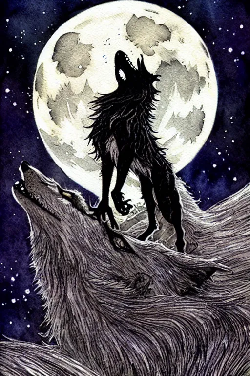 Image similar to one detailed werewolf howling at the moon, art by luis royo and walter crane and kay nielsen, watercolor illustration, ultra sharp focus, wot