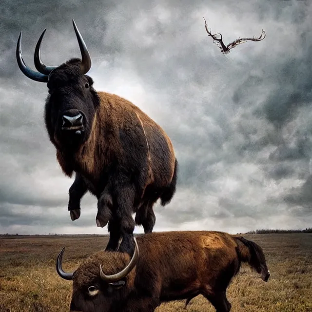 Prompt: incredible modern fable evocative artwork of buffalo hunters, buffalo midnight in the style of tim walker fashion photography, buffalos hunting hunters, fables of the reconstruction