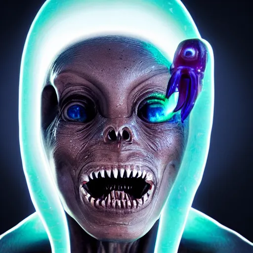 Image similar to an alien. angled jaw, snarling, omniverous layered teeth, smooth bioluminescent skin, hunter gatherer holding a opal tipped spear, mid length portrait photograph, highly detailed, high contrast lighting