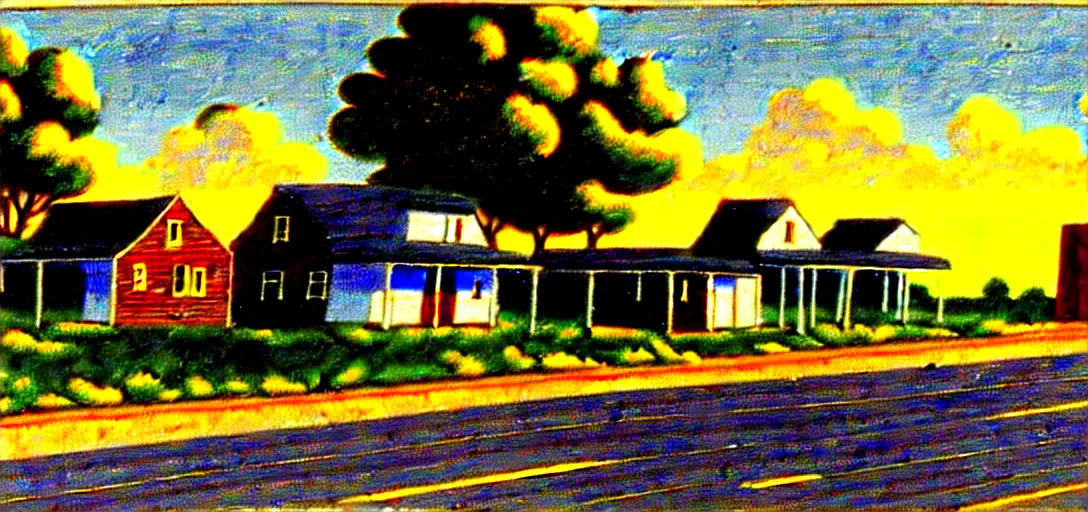 Image similar to concept art of a small rural town in middle America in the 1960s, detailed, Americana, golden hour