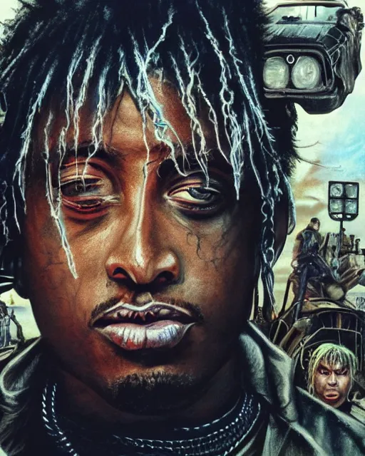 Image similar to juice wrld in dystopian raider mad max post apocalpytic, airbrush, drew struzan illustration art, key art, movie poster