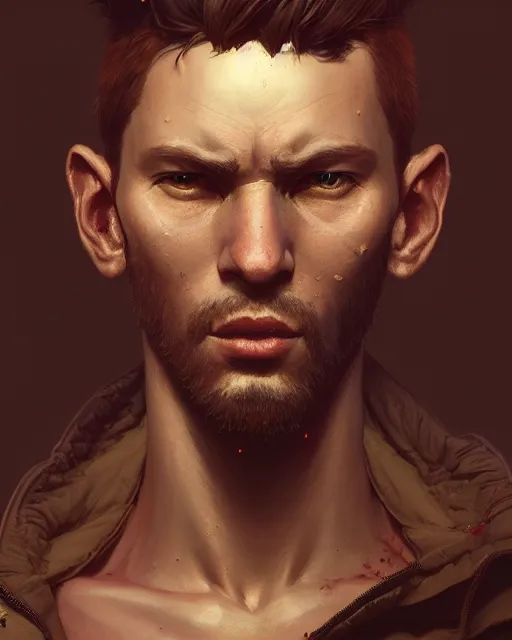 Prompt: male portrait, chocolate, imbalanced mars. rugged, highly detailed, intricate background, complex 3 d render by ilya kuvshinov, peter mohrbacher, greg rutkowski, karl spitzweg, thomas kinkade, victo ngai. unreal engine, blender, octane, ray tracing. sharp focus, masterpiece, post processing