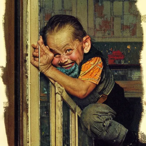 Image similar to close up portrait of dwarf jumping from window by norman rockwell, illustration, 5 0 mm lens,