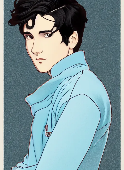 Image similar to well - lit art nouveau portrait of a young man with short black hair, light blue eyes, pale skin, serious expression, jeans and a black hoodie, natural lighting, path traced, highly detailed, high quality, cartoon, digital painting, by don bluth and ross tran and studio ghibli and alphonse mucha