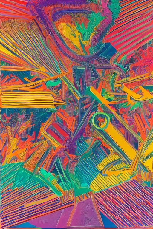 Prompt: volcano made out of colorful generative synthwave art, neon, contemporary, integral painting, by frank stella, by william weege, by eduardo paolozzi