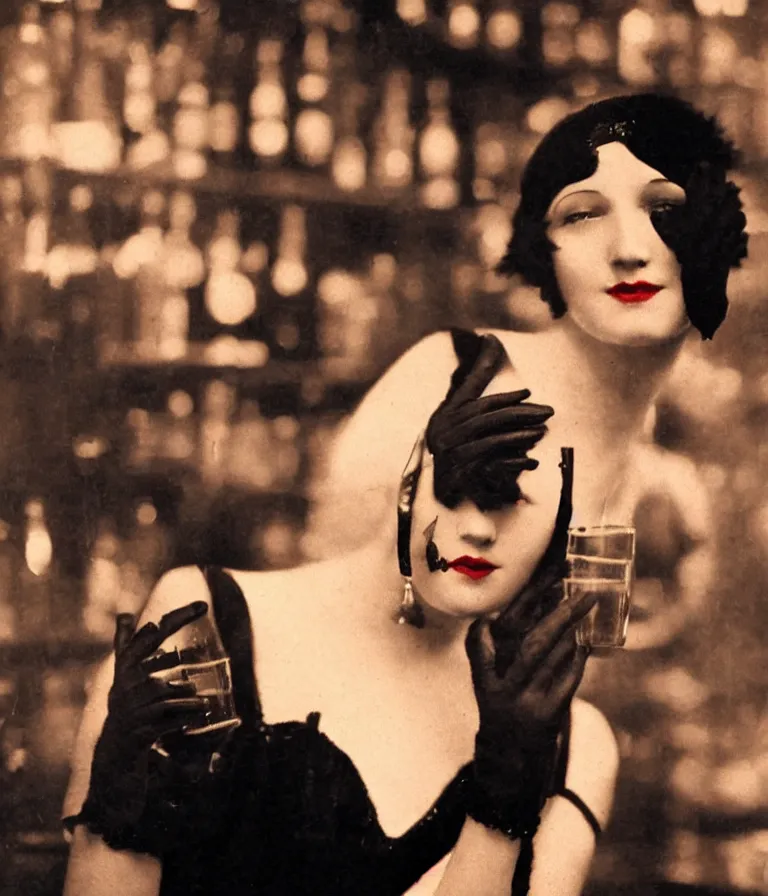 Prompt: close - up antique grainy colored photo of a 1 9 2 0 s short - haired flapper woman in black satin gloves looking and smirking seductively at the camera, in a crowded dimly lit speakeasy bar, jazz age, cohesive, 5 0 mm photography, precise, cinematic, low - lighting, photography