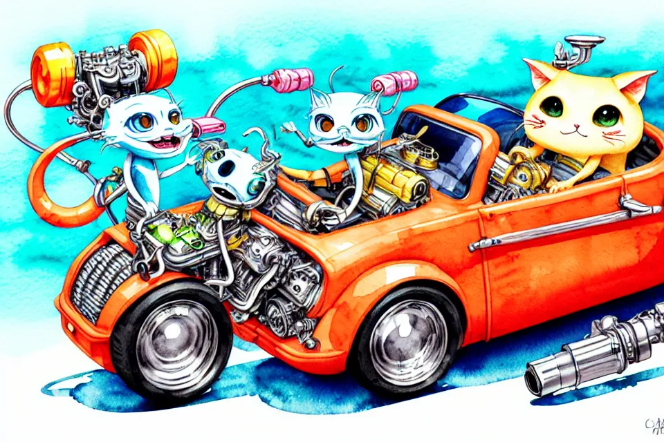 Image similar to cute and funny, margay riding in a tiny hot rod with oversized engine, ratfink style by ed roth, centered award winning watercolor pen illustration, isometric illustration by chihiro iwasaki, edited by range murata, tiny details by artgerm and watercolor girl, symmetrically isometrically centered