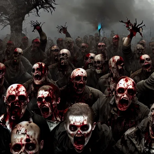 Prompt: zombie horde apocalypse, cinematic, cinematography, still, incredible detail, photorealistic, epic, horror, scary, render, living dead, ghouls