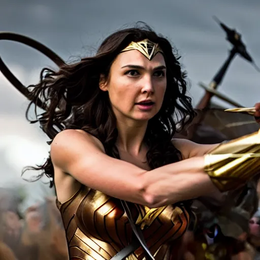 Image similar to gal gadot as the greek goddess athena in battle, scene from live action movie