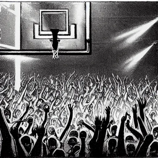 Image similar to concept art of an old school hip hop concert taking place on a basketball court behind a large brick apartment at night, many people dancing with their hands in the air, a rapper is standing on stage yelling into the mic, a dj with audio equipment at the back of the stage, in the style of frank frazetta