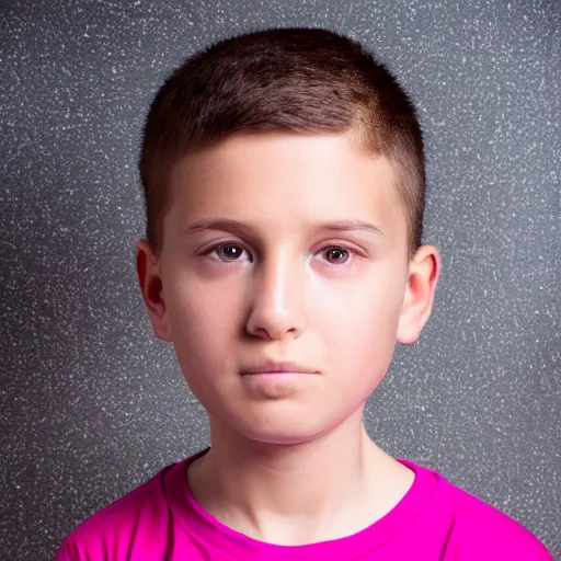 Image similar to closeup portrait of 8 year old boy, thick lips, hot pink skin, thin eyebrows, short light brown hair, facebook post, black background