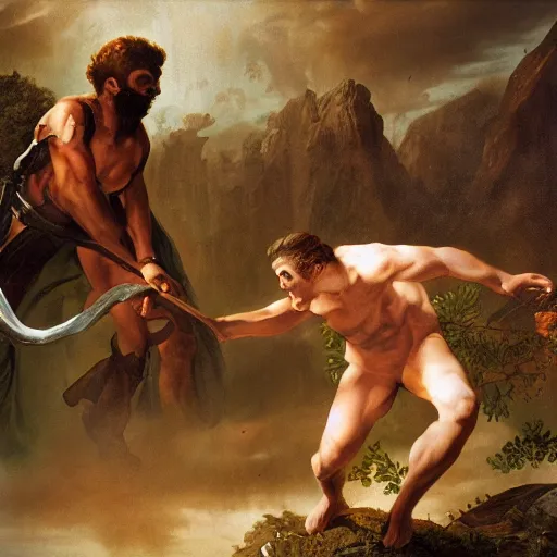 Prompt: Orpheus fighting the Cyclops, matte painting, high detail, clear resolution