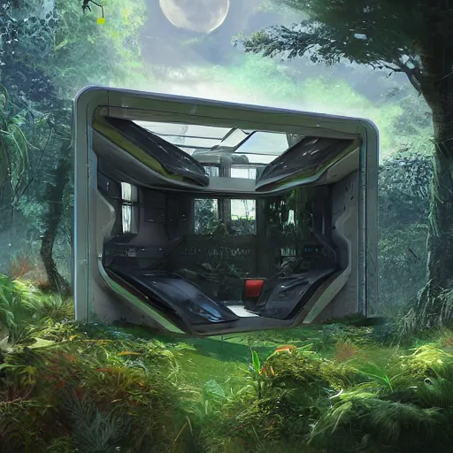 Image similar to a futuristic shack in the middle of an alien jungle, science fiction, concept art, sci fi, trending on artstation