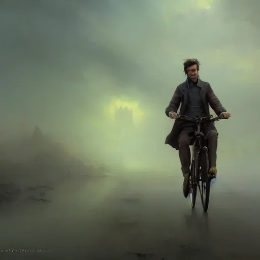 Prompt: cinematic shot epic portrait david tennant riding a bicycle in the streets, atmospheric, cloudy, broad light, ambient occlusion, volumetric light effect, made by ivan aivazovsky, peter mohrbacher, greg rutkowski, ross tran, matte painting, trending on artstation, 4 k, perfectly defined features, digital painting, cinematic, epic, highly detailed,