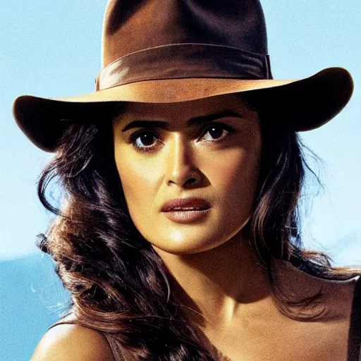 Image similar to Salma Hayek as Indiana Jones, cinematic, realistic, detailed, portrait