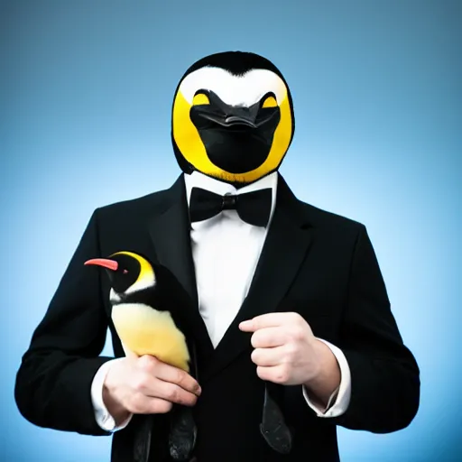 Image similar to photo of a man in a suit wearing a latex mask of a emperor penguin, at a nightclub, back photo