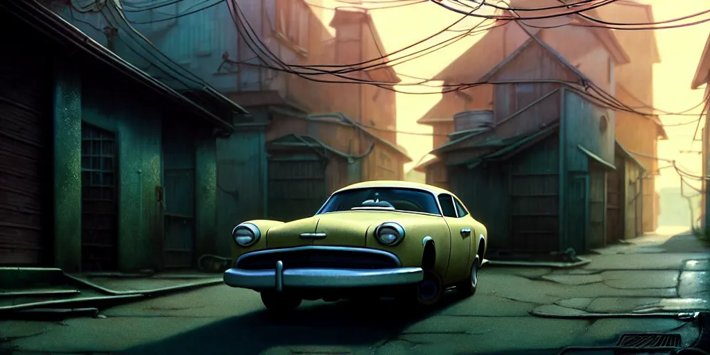 Prompt: a wholesome animation key shot of a focused old car parked in an abandoned alleyway, medium shot, waist up, studio Ghibli, Pixar and Disney animation, sharp, very detailed, high resolution, Rendered in Unreal Engine 5, anime key art by Greg Rutkowski, Bloom, cinematic lighting