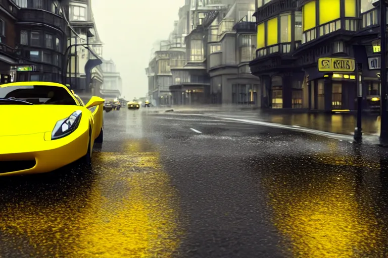 Prompt: a wholesome animation key shot of one focused yellow ferrari, dynamic, on a wet london street, raining, clouwdy atmosphere, wide shot, studio ghibli, pixar and disney animation, sharp, very detailed, high resolution, rendered in unreal engine 5, anime key art by greg rutkowski, overcast lighting, dark