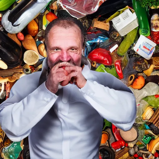 photo of a man dancing in the kitchen, full of trash, Stable