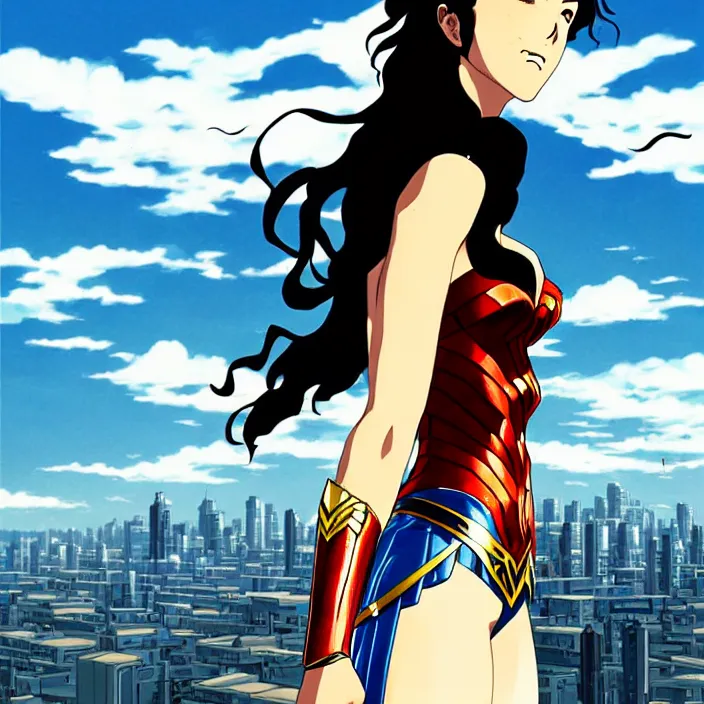 Image similar to painting of bloodlines wonder woman with urban japanese city in the background in the style of cowboy bebop, calm, fantasy character portrait, dynamic pose, above view, sunny day, thunder clouds in the sky, artwork by makoto shinkai, very coherent asymmetrical artwork, sharp edges, perfect face, simple form, 1 0 0 mm