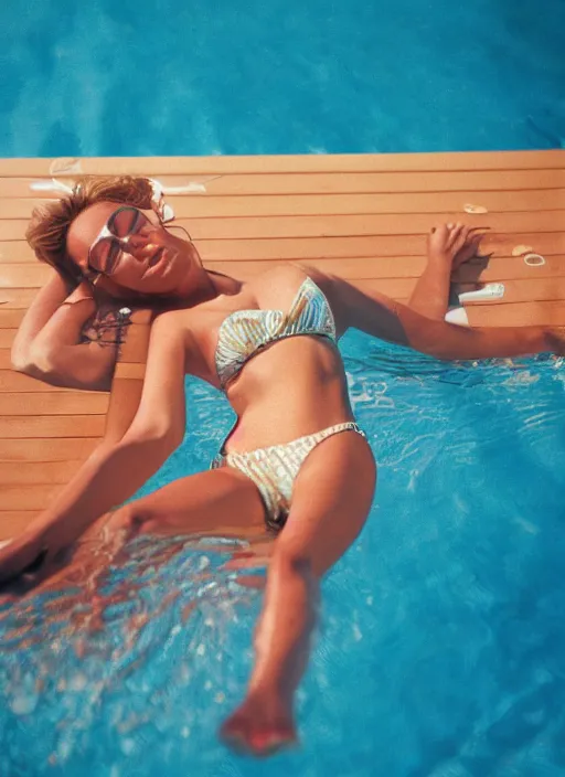 Image similar to A hyper realistic and detailed head portrait photography of swimsuit model laying down on a deck chair near a swimming pool. by Cameron Hammond. 1980s magazine style. Cinematic. Golden Hour. Kodak Portra 400. Lens flare. 85mm lens