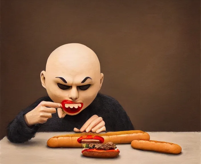 Prompt: a wooden sculpture of billy corgan eating a hotdog, digital art by studio ghibli and greg rutkowski, beautiful, cute, hyperrealism artstyle, amazing lighting