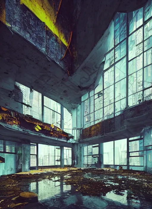 Image similar to “derelict architecture single building , cyberpunk setting, building designed by architect Oscar Niemeyer, architecture digest, building surrounded in a luxury environment, bright tones, fluorescent lighting,volumetric Lighting, photorealism, high detail, golden ratio, cinematic, octane renderer”