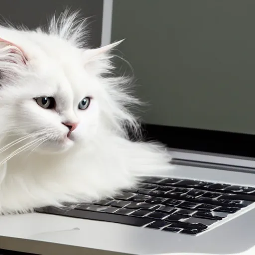 Image similar to long haired white cat creating a website on a laptop