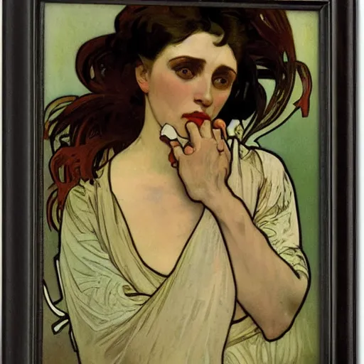 Image similar to pale woman, angry, painted by alphonse mucha