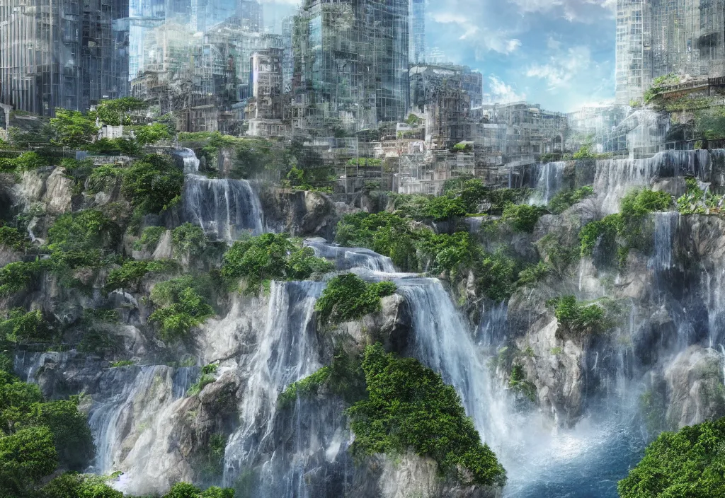 Image similar to outdoor design, 行 云 流 水, a waterfall in the middle of two buildings, high details, 4 k, panorama