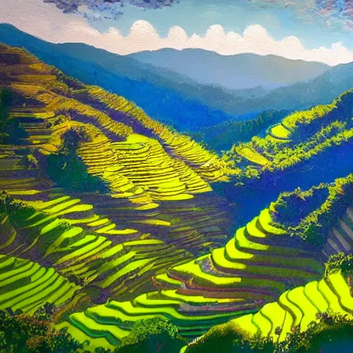 Image similar to a painting of banaue rice terraces, 8 k, high definition, highly detailed, photo - realistic