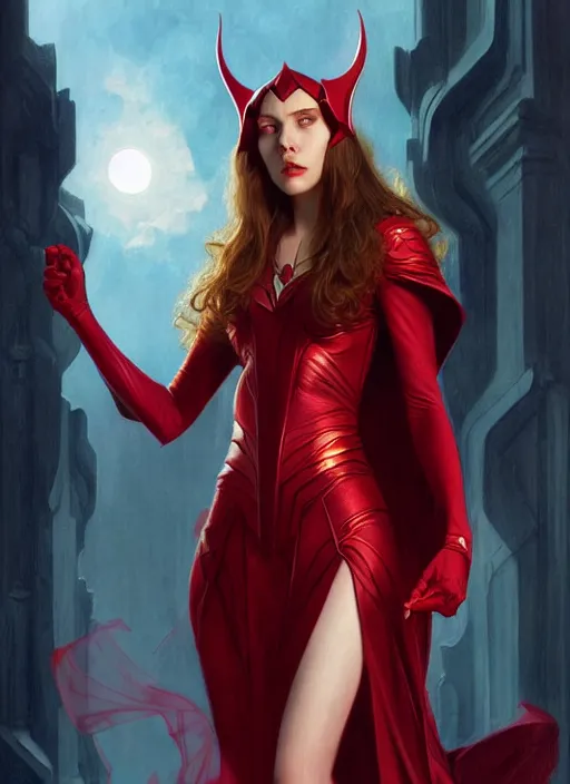 Prompt: Scarlet Witch as Lucifer morningstar, slight smile, highly detailed, digital painting, artstation, concept art, sharp focus, illustration, art by wlop and J. C. Leyendecker and Edmund Bliar Leighton and Charlie Bowater