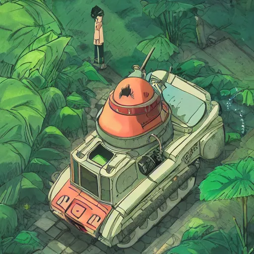 Prompt: a beautiful movie still in the style of Studio Ghibli anime showing a watermelon tank, in the streets of post-apocalyptic Singapore overrun by vegetation. Studio Ghibli, aerial photography, wide angle lens, trending on artstation, trending on behance