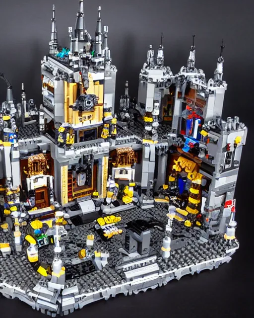 Image similar to a high quality photograph of an intricate complex lego set of a realistic cyberpunk castle