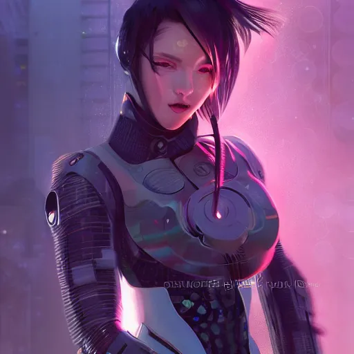 Image similar to portrait futuristic Cyber Ninja Girl, in future cyberpunk tokyo rooftop, ssci-fi, fantasy, intricate, very very beautiful, elegant, neon light, highly detailed, digital painting, artstation, concept art, smooth, sharp focus, illustration, art by alphonse mucha and tian zi and WLOP