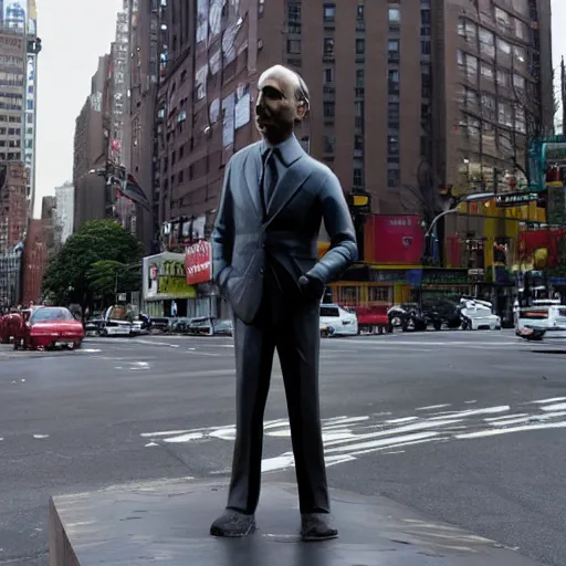 Image similar to a sculpture of putin standing in the middle of a street in new york city,