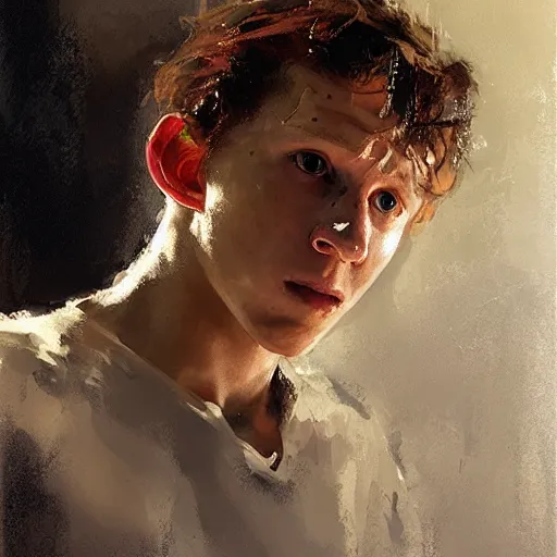 Prompt: portrait of an emotional tom holland as spiderman, by jeremy mann, anders zorn.