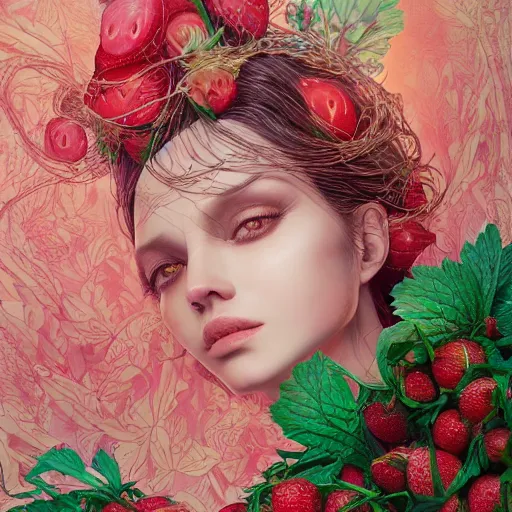 Image similar to the portrait of an absurdly beautiful, graceful, elegant, sophisticated, chaste woman made of strawberries and green petals looking up, an ultrafine hyperdetailed illustration by kim jung gi, irakli nadar, intricate linework, bright colors, octopath traveler, final fantasy, unreal engine 5 highly rendered, global illumination, radiant light, detailed and intricate environment