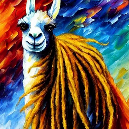 Prompt: llama with dreadlocks, heroic pose, by Leonid Afremov