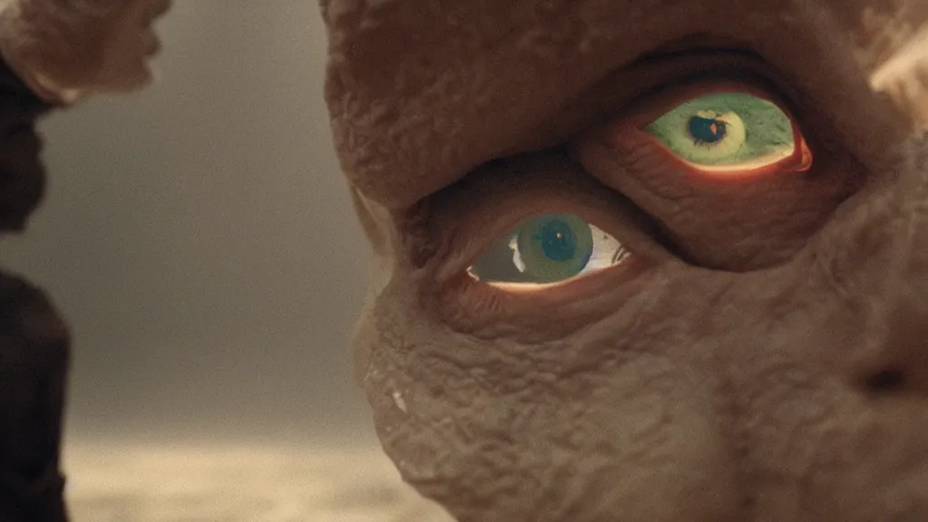 Image similar to the creature that looked me in the eye, film still from the movie directed by Denis Villeneuve with art direction by Salvador Dalí, wide lens